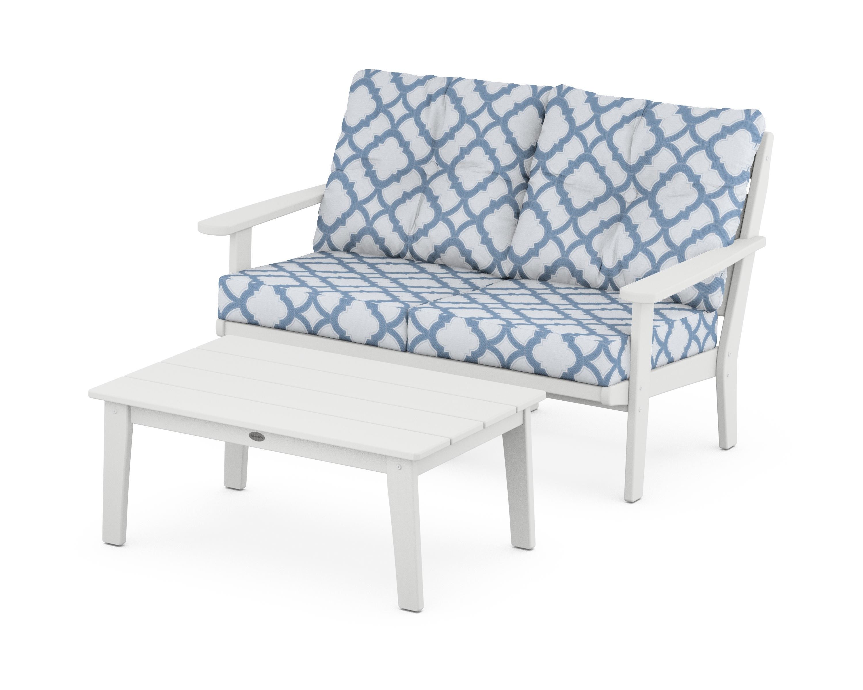 POLYWOOD® Lakeside 2-Piece Lounge Loveseat Set in White / Trellis Sky Blue