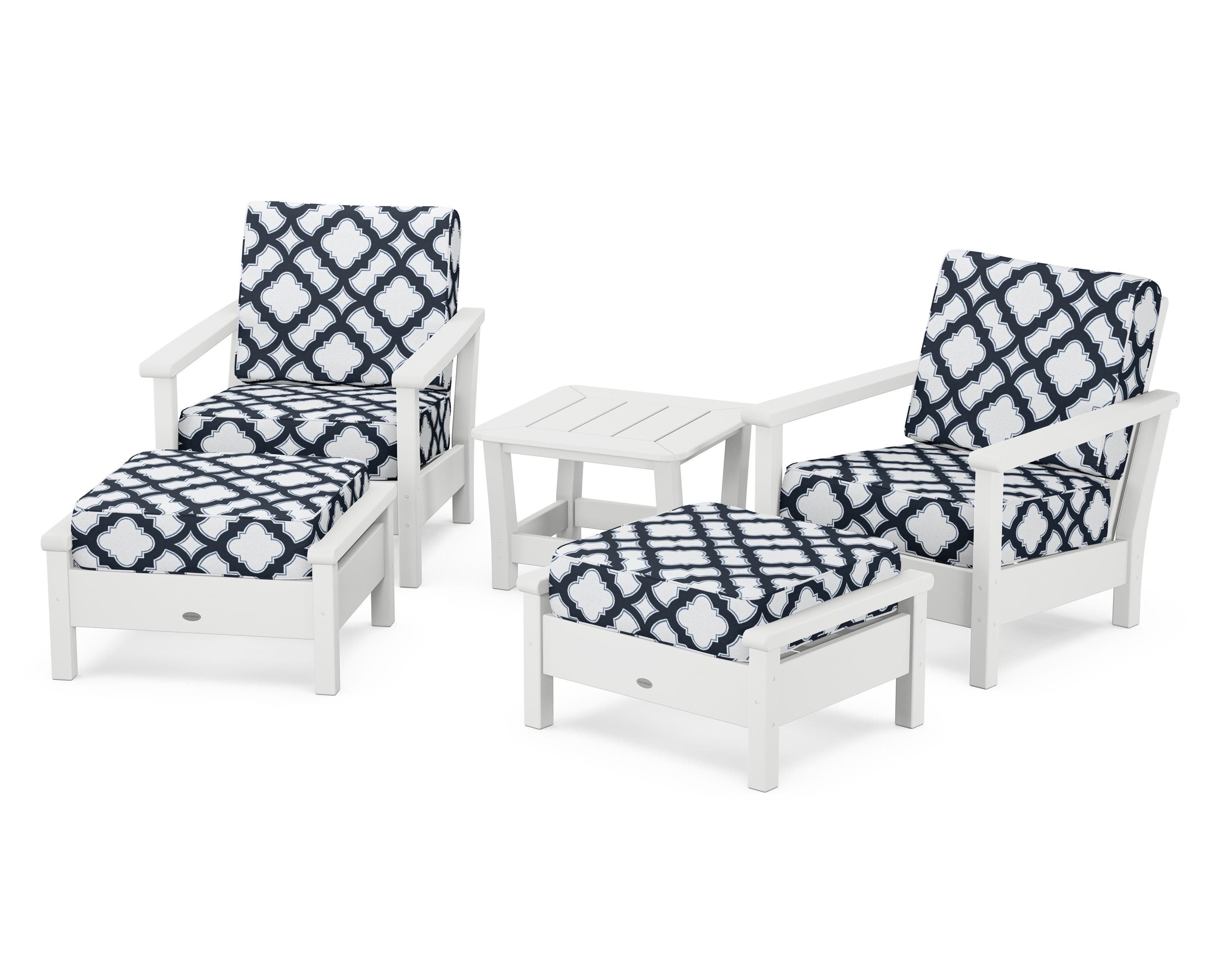 POLYWOOD® Harbour 5-Piece Deep Seating Chair Set in White / Trellis Marine Indigo