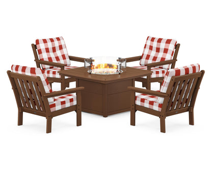 POLYWOOD® Vineyard 5-Piece Conversation Set with Fire Pit Table in Teak / Buffalo Plaid Crimson