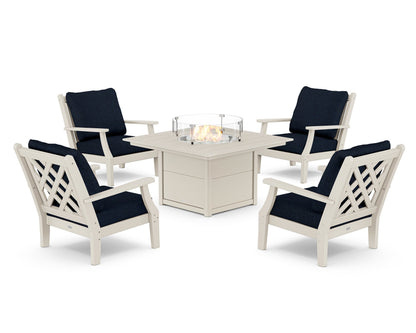 Country Living Wovendale 5-Piece Deep Seating Set with Fire Pit Table in Sand / Marine Indigo