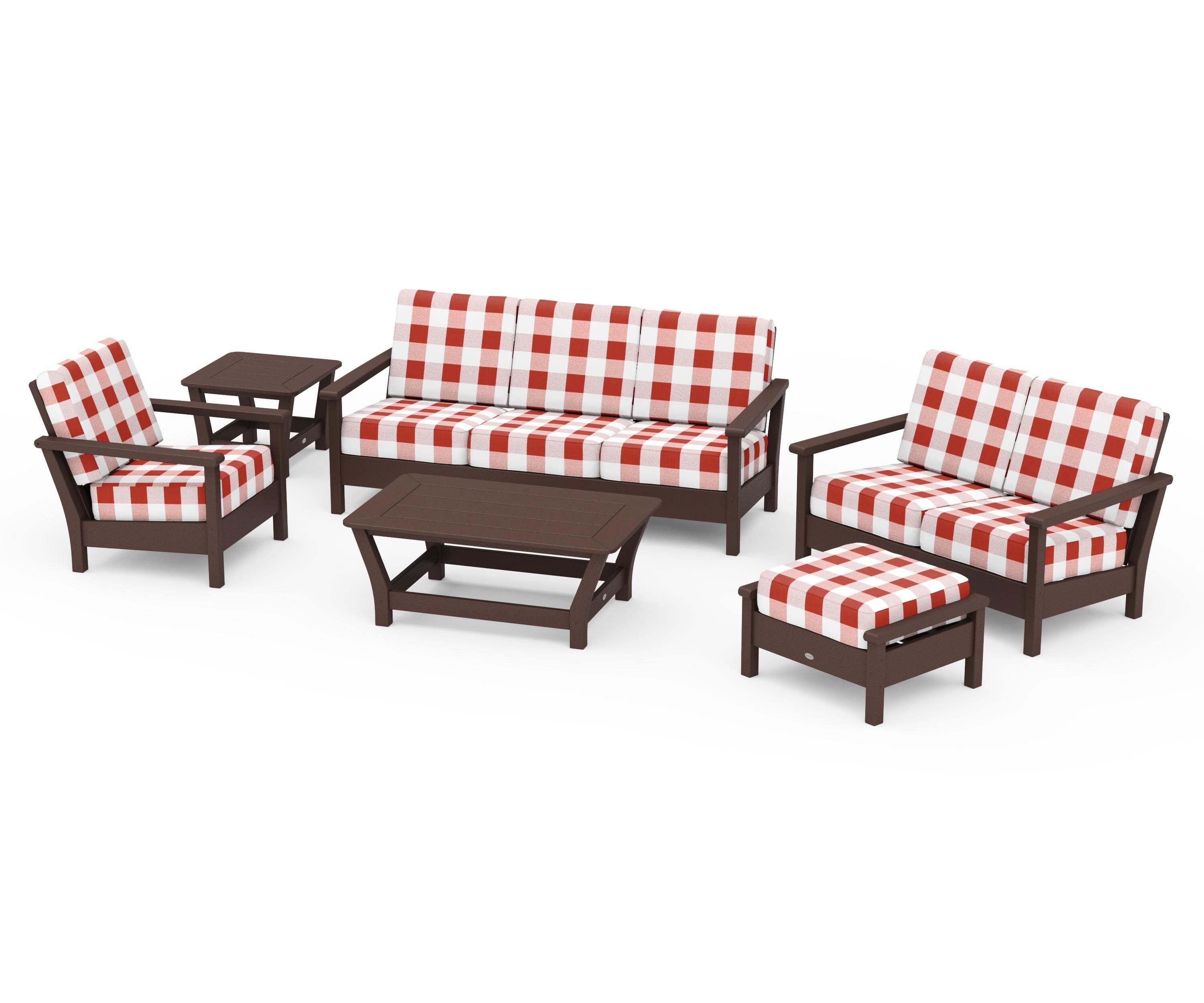 POLYWOOD® Harbour 6-Piece Outdoor Living Set in Mahogany / Buffalo Plaid Crimson