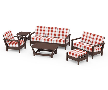 POLYWOOD® Harbour 6-Piece Outdoor Living Set in Mahogany / Buffalo Plaid Crimson