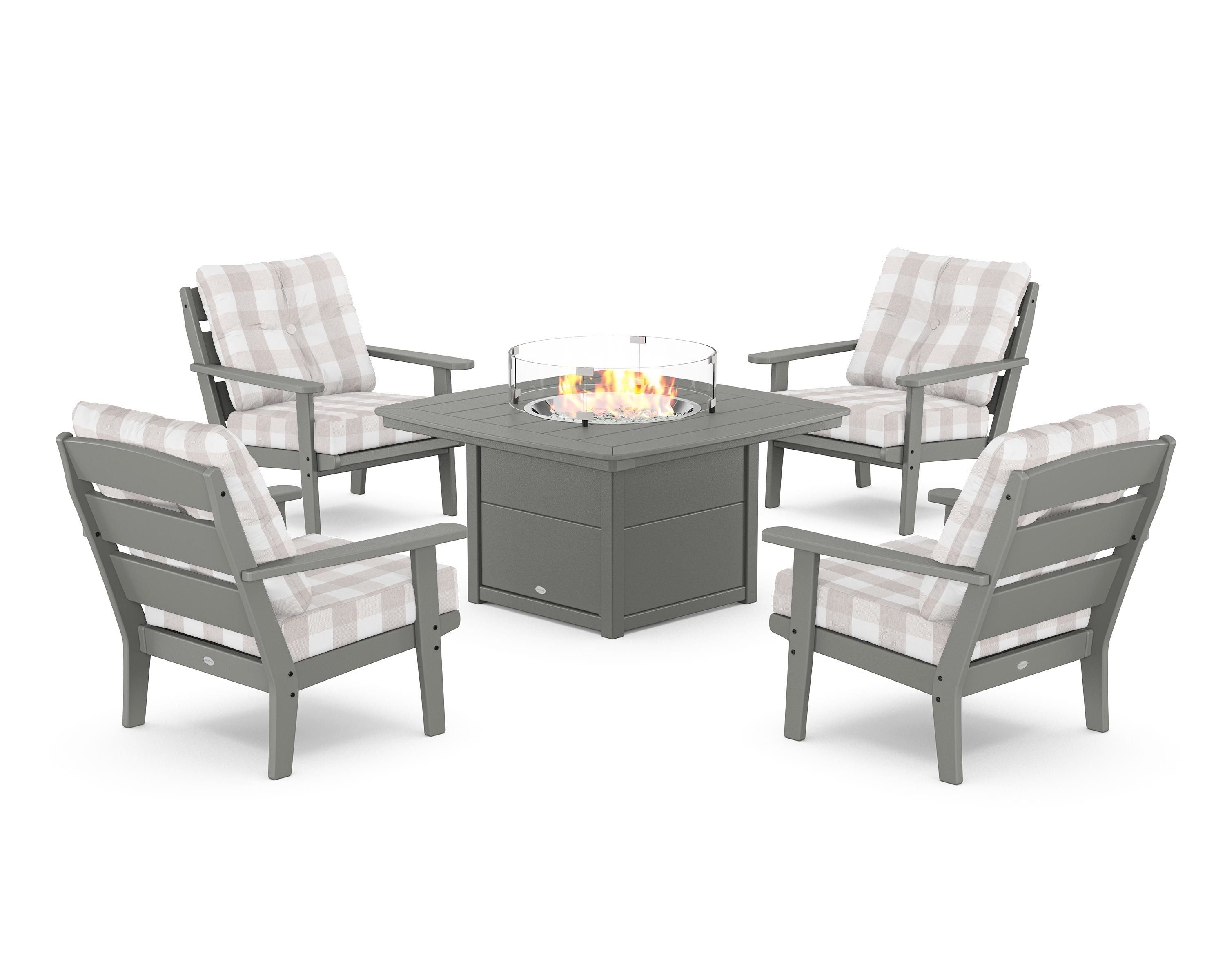 POLYWOOD® Lakeside 5-Piece Deep Seating Set with Nautical Fire Pit Table in Slate Grey / Buffalo Plaid Dune Burlap