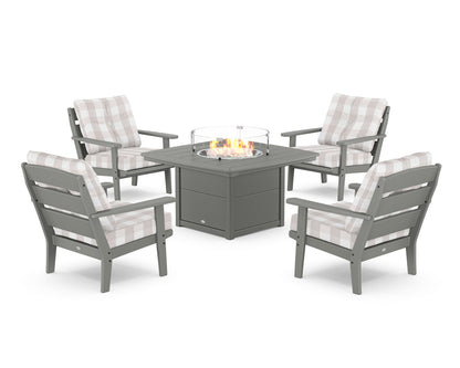 POLYWOOD® Lakeside 5-Piece Deep Seating Set with Nautical Fire Pit Table in Slate Grey / Buffalo Plaid Dune Burlap