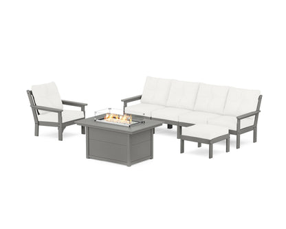POLYWOOD® Vineyard Sectional Lounge and Fire Pit Set in Slate Grey / Natural Linen