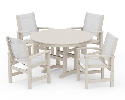 POLYWOOD® Coastal 5-Piece Round Farmhouse Dining Set in Sand / White Sling