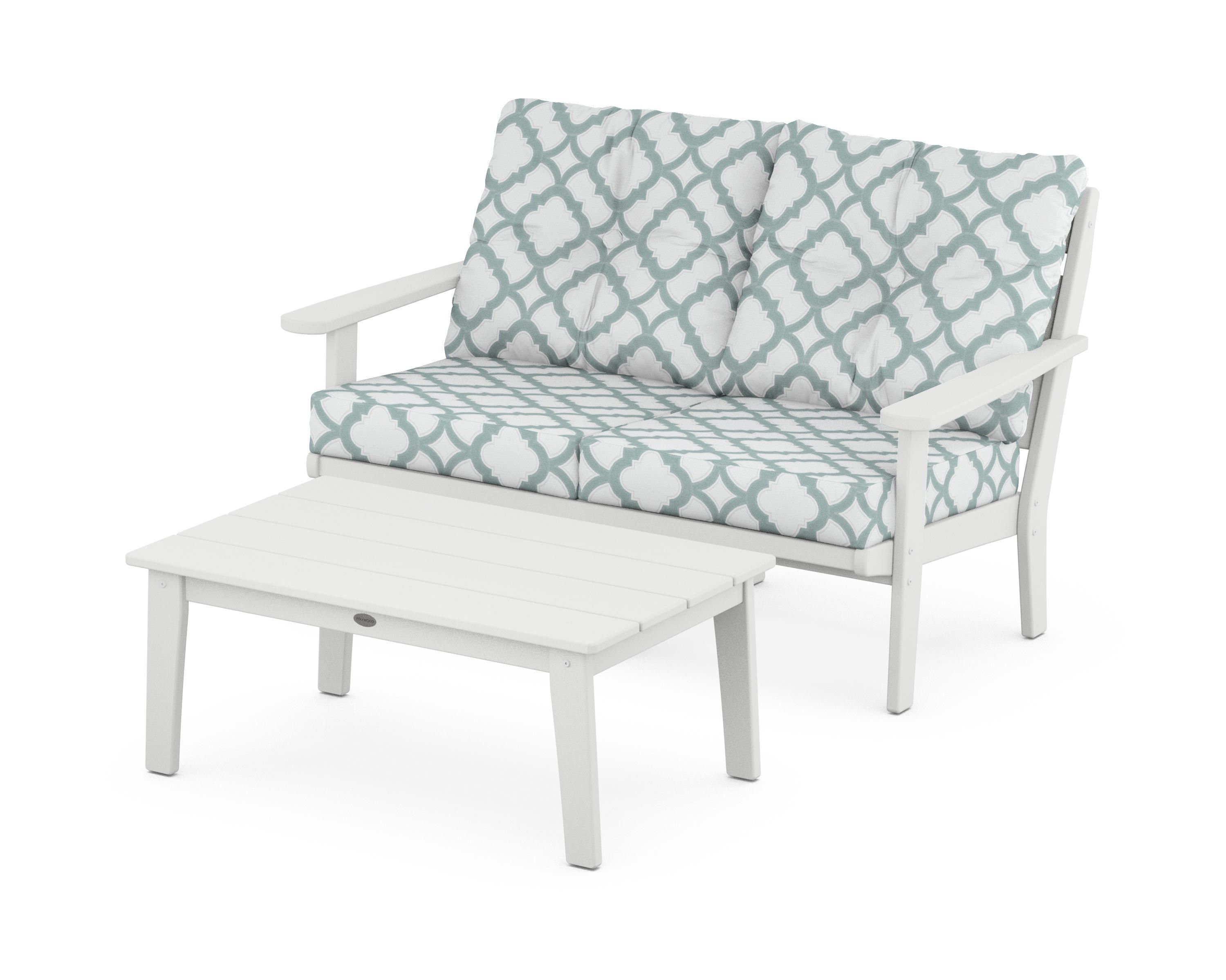 POLYWOOD® Lakeside 2-Piece Lounge Loveseat Set in White / Trellis Glacier Spa