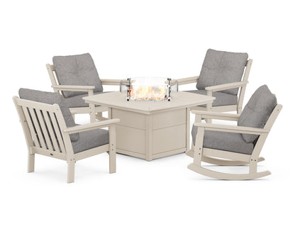 POLYWOOD® Vineyard 5-Piece Deep Seating Rocking Chair Conversation Set with Fire Pit Table in Sand / Grey Mist