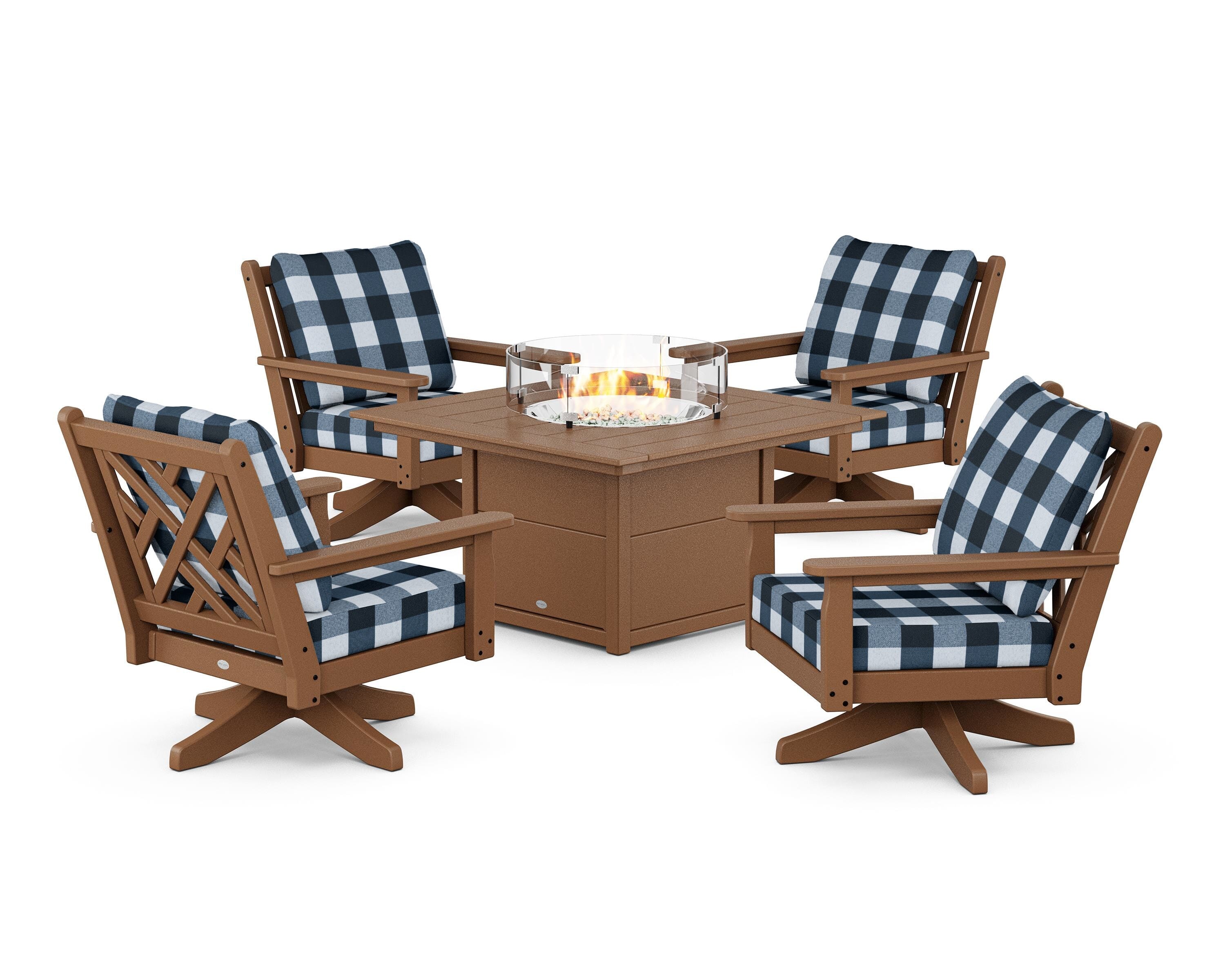 POLYWOOD® Chippendale 5-Piece Deep Seating Swivel Conversation Set with Fire Pit Table in Teak / Buffalo Plaid Marine Indigo