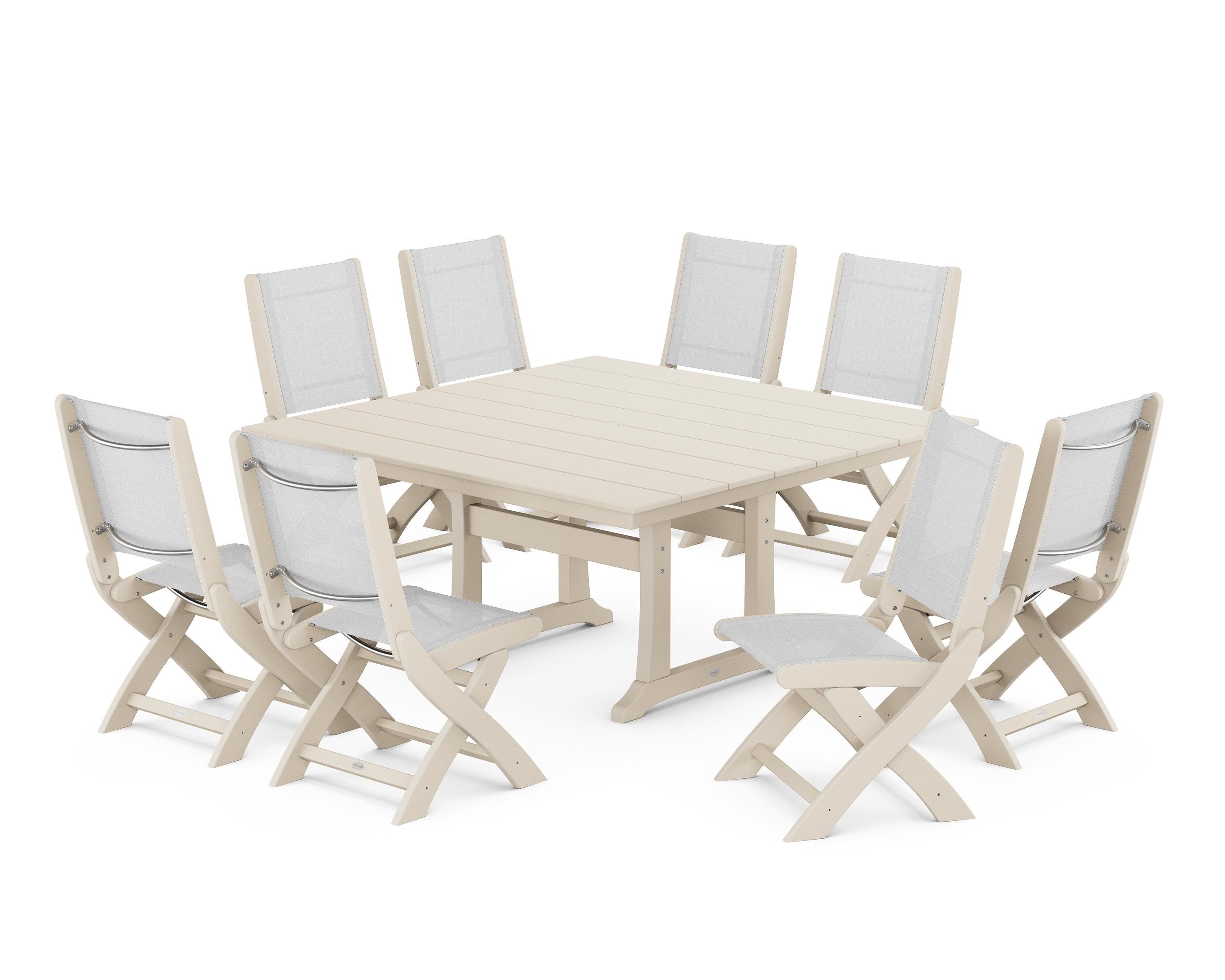 POLYWOOD® Coastal Folding Side Chair 9-Piece Farmhouse Dining Set in Sand / White Sling
