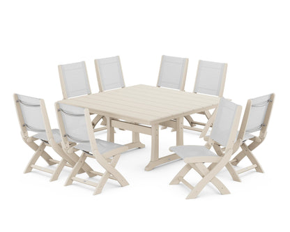 POLYWOOD® Coastal Folding Side Chair 9-Piece Farmhouse Dining Set in Sand / White Sling