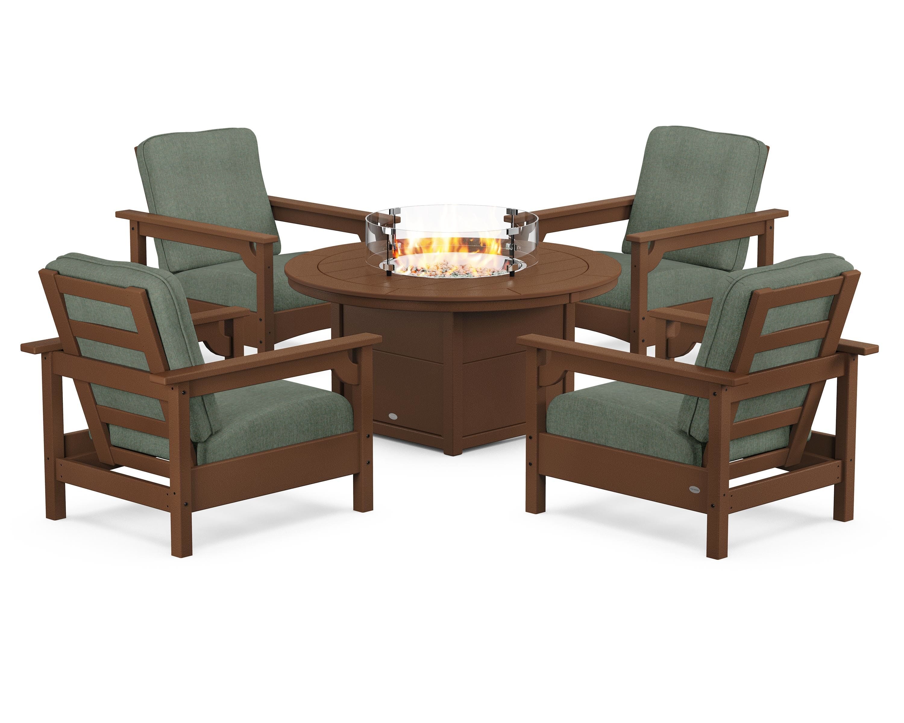 POLYWOOD® Club 5-Piece Conversation Set with Fire Pit Table in Teak / Cast Sage
