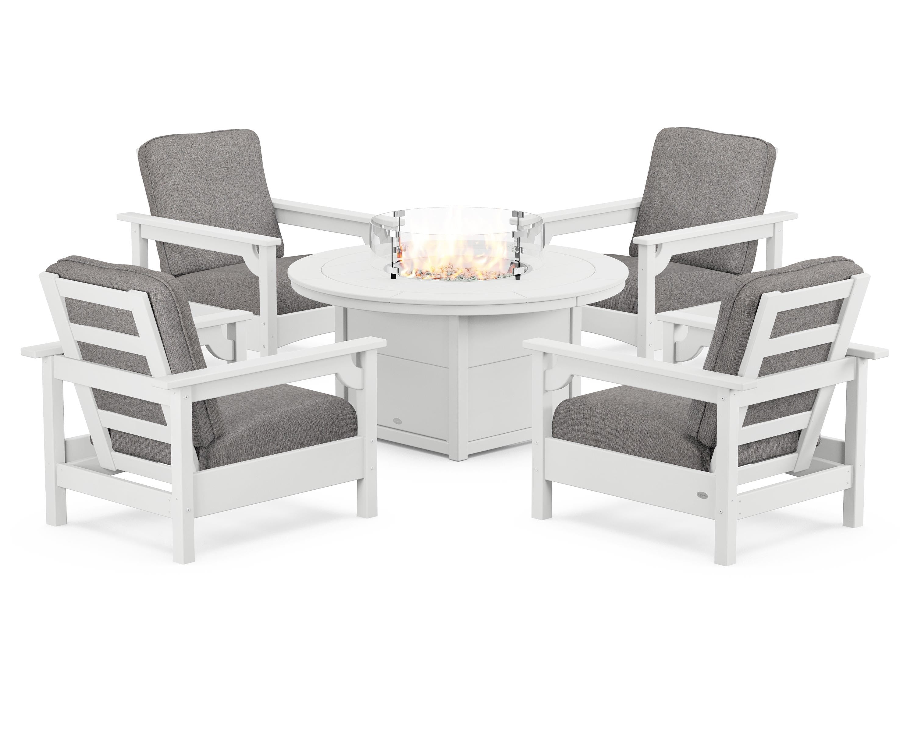 POLYWOOD® Club 5-Piece Conversation Set with Fire Pit Table in White / Grey Mist