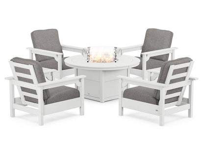 POLYWOOD® Club 5-Piece Conversation Set with Fire Pit Table in White / Grey Mist