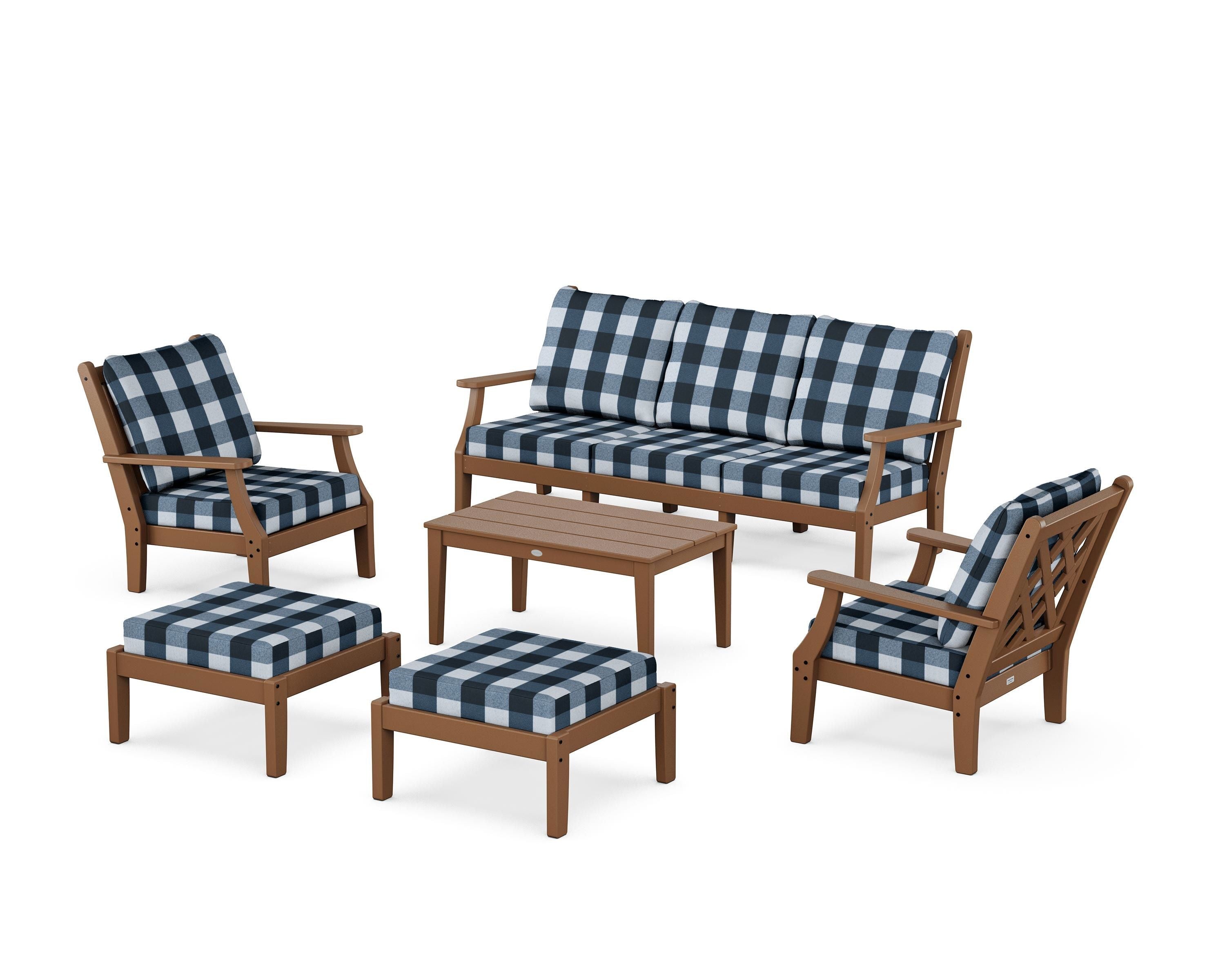 Country Living Wovendale 6-Piece Lounge Sofa Set in Teak / Buffalo Plaid Marine Indigo