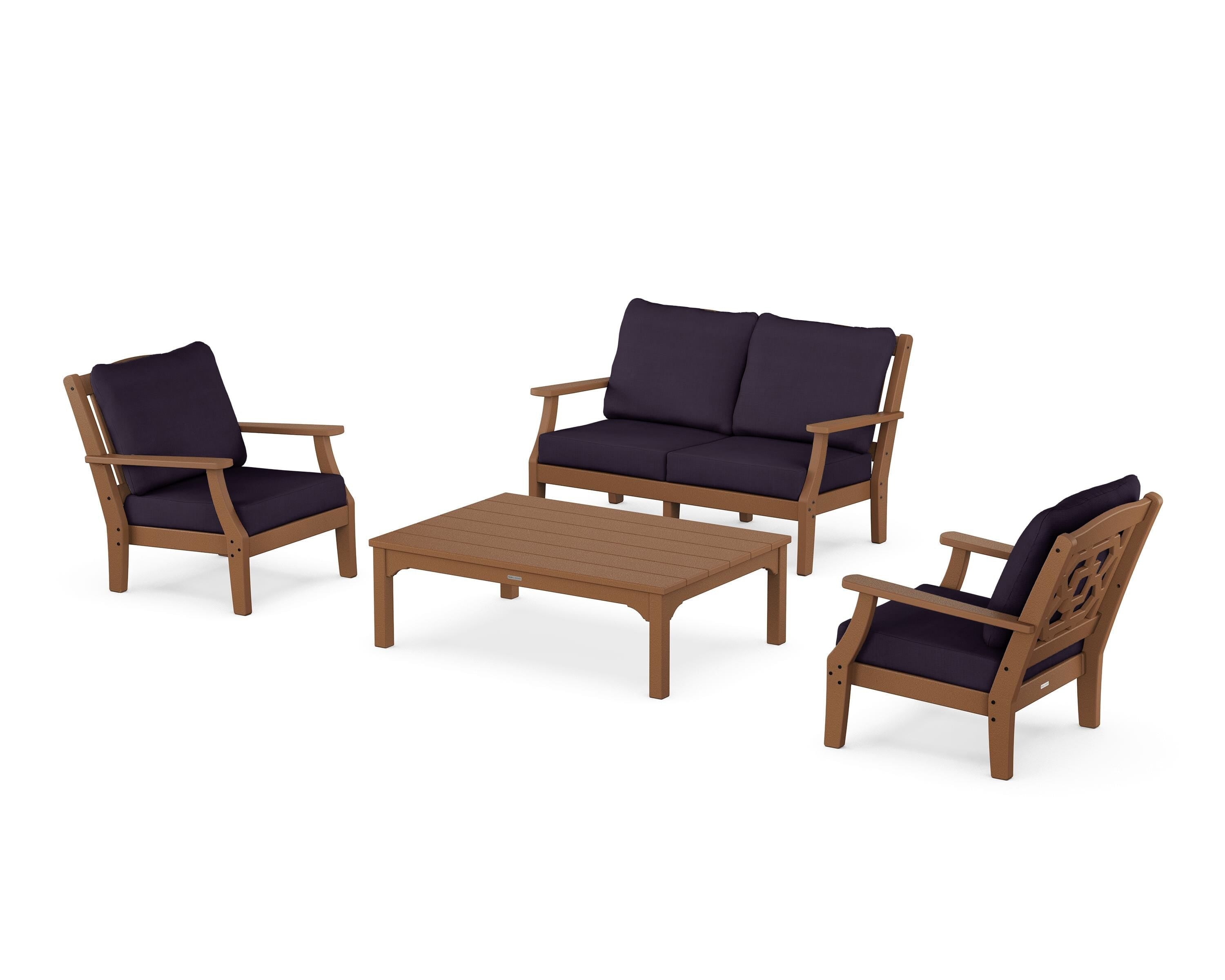 Martha Stewart by POLYWOOD® Chinoiserie 4-Piece Deep Seating Set with Loveseat in Teak / Navy Linen