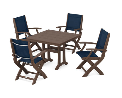 POLYWOOD® Coastal Folding Chair 5-Piece Farmhouse Dining Set With Trestle Legs in Mahogany / Navy Blue Sling