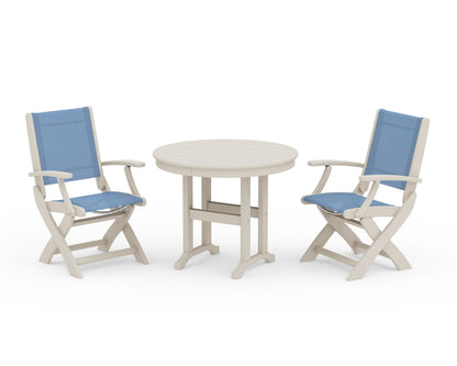 POLYWOOD® Coastal Folding Chair 3-Piece Round Dining Set in Sand / Poolside Sling