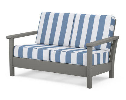 POLYWOOD® Harbour Deep Seating Loveseat in Slate Grey / Cabana Stripe Sky Blue