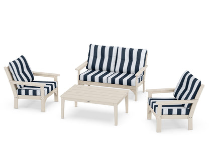 POLYWOOD® Vineyard 4-Piece Deep Seating Set in Sand / Cabana Stripe Marine Indigo
