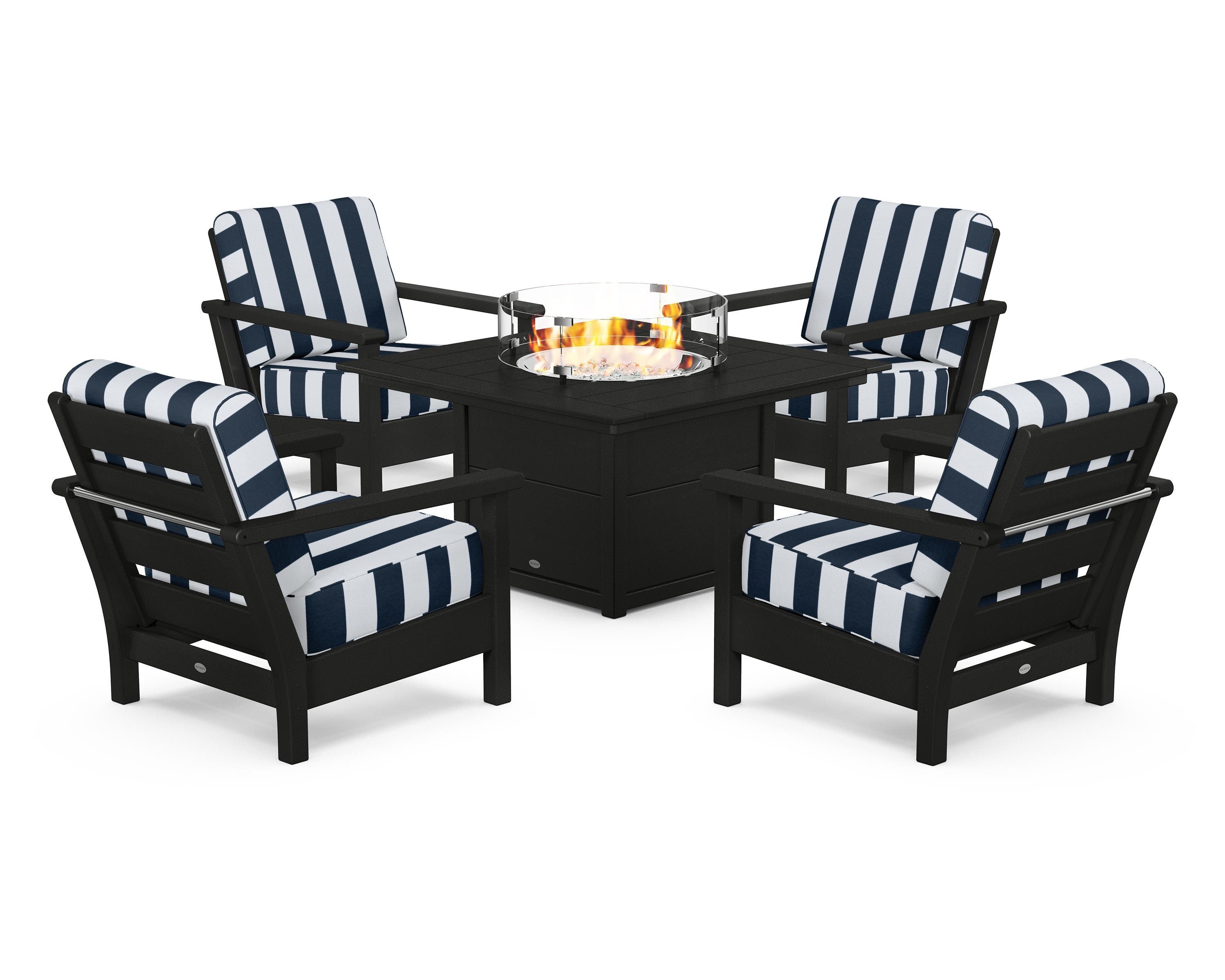 POLYWOOD® Harbour 5-Piece Conversation Set with Fire Pit Table in Black / Cabana Stripe Marine Indigo