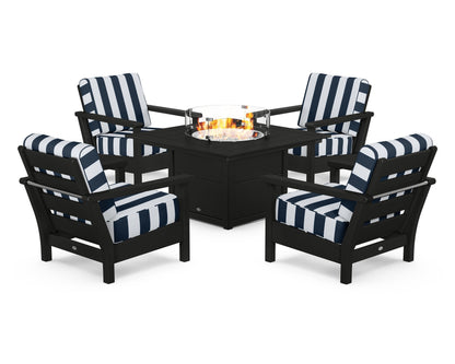 POLYWOOD® Harbour 5-Piece Conversation Set with Fire Pit Table in Black / Cabana Stripe Marine Indigo