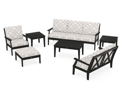 POLYWOOD® Braxton 7-Piece Deep Seating Set in Black / Trellis Dune Burlap