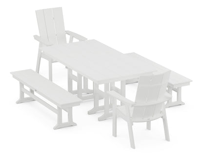 POLYWOOD® Modern Curveback Adirondack 5-Piece Farmhouse Dining Set with Benches in White