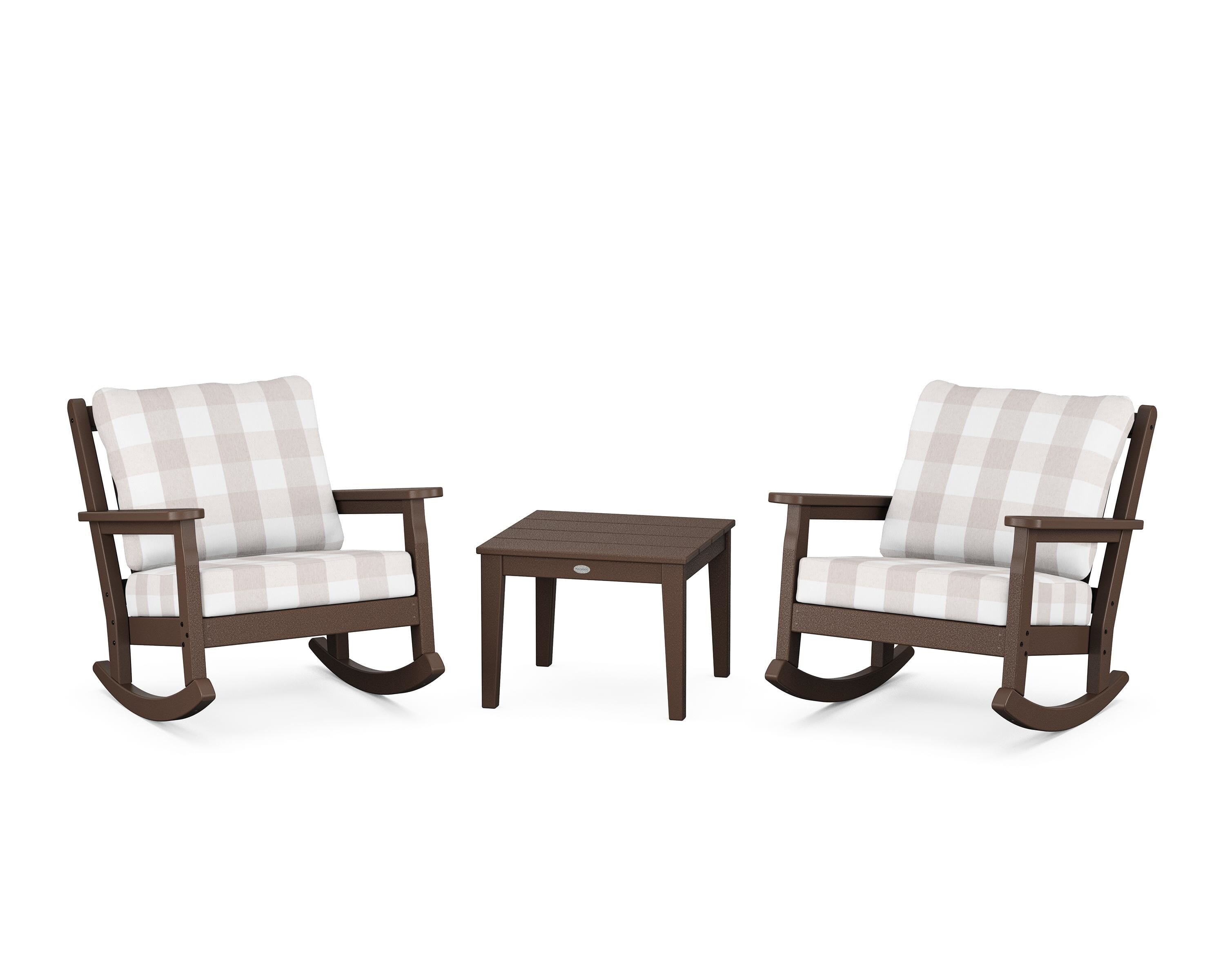 POLYWOOD® Chippendale 3-Piece Deep Seating Rocker Set in Mahogany / Buffalo Plaid Dune Burlap