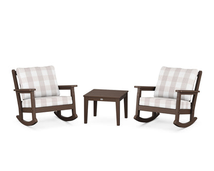 POLYWOOD® Chippendale 3-Piece Deep Seating Rocker Set in Mahogany / Buffalo Plaid Dune Burlap