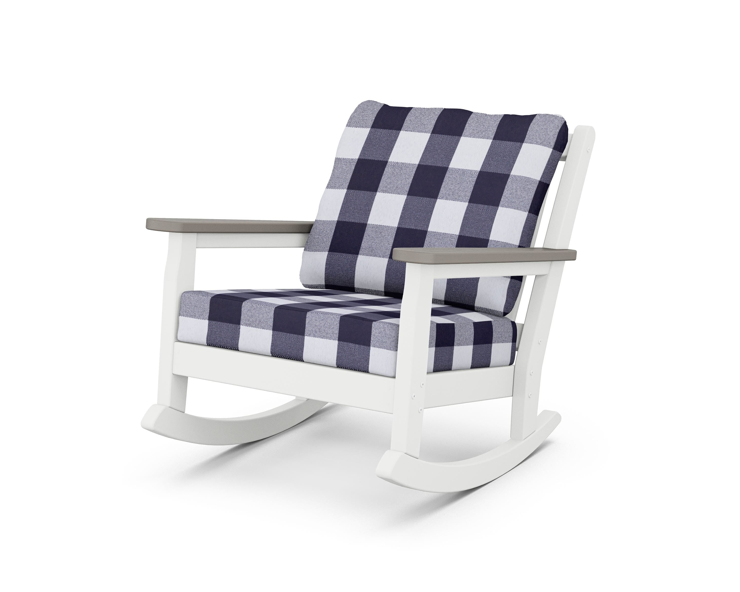 POLYWOOD® Chippendale Deep Seating Rocking Chair in White / Driftwood / Buffalo Plaid Navy