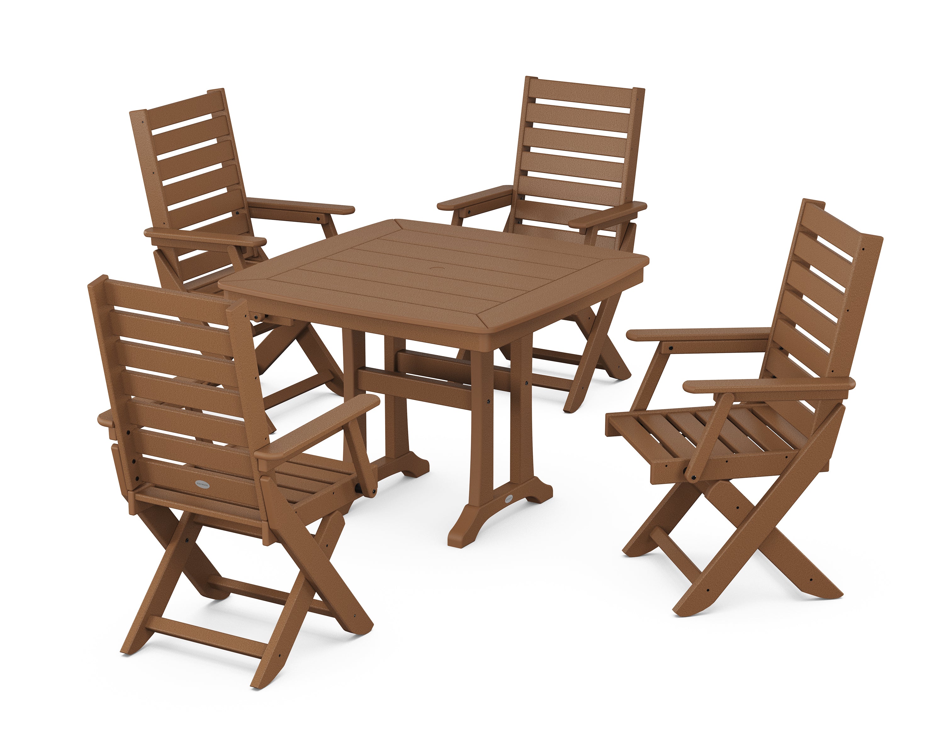 POLYWOOD® Captain Folding Chair 5-Piece Dining Set with Trestle Legs in Teak