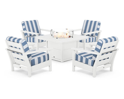 POLYWOOD® Harbour 5-Piece Conversation Set with Fire Pit Table in White / Cabana Stripe Sky Blue