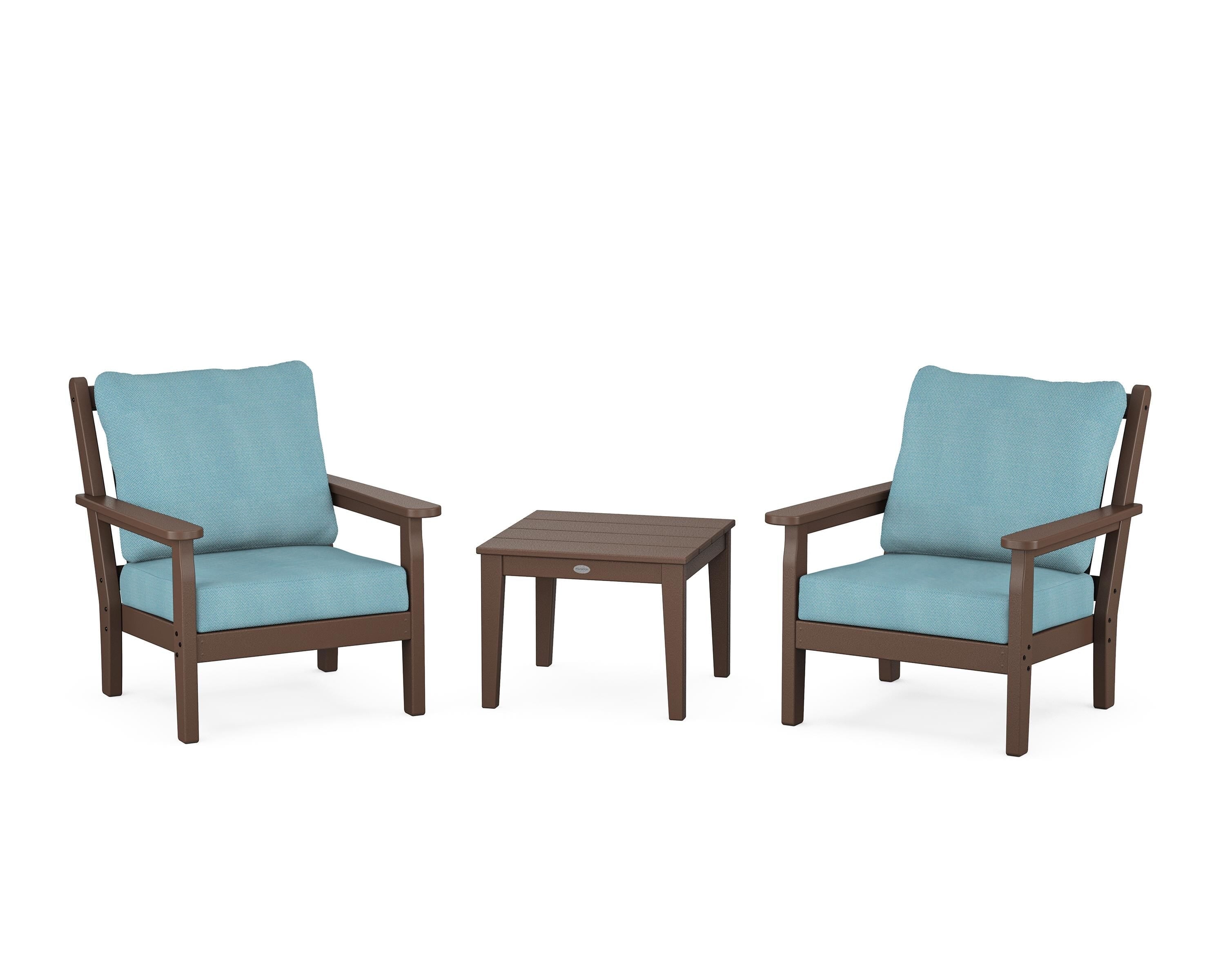POLYWOOD® Chippendale 3-Piece Deep Seating Set in Mahogany / Lattice Sky Blue