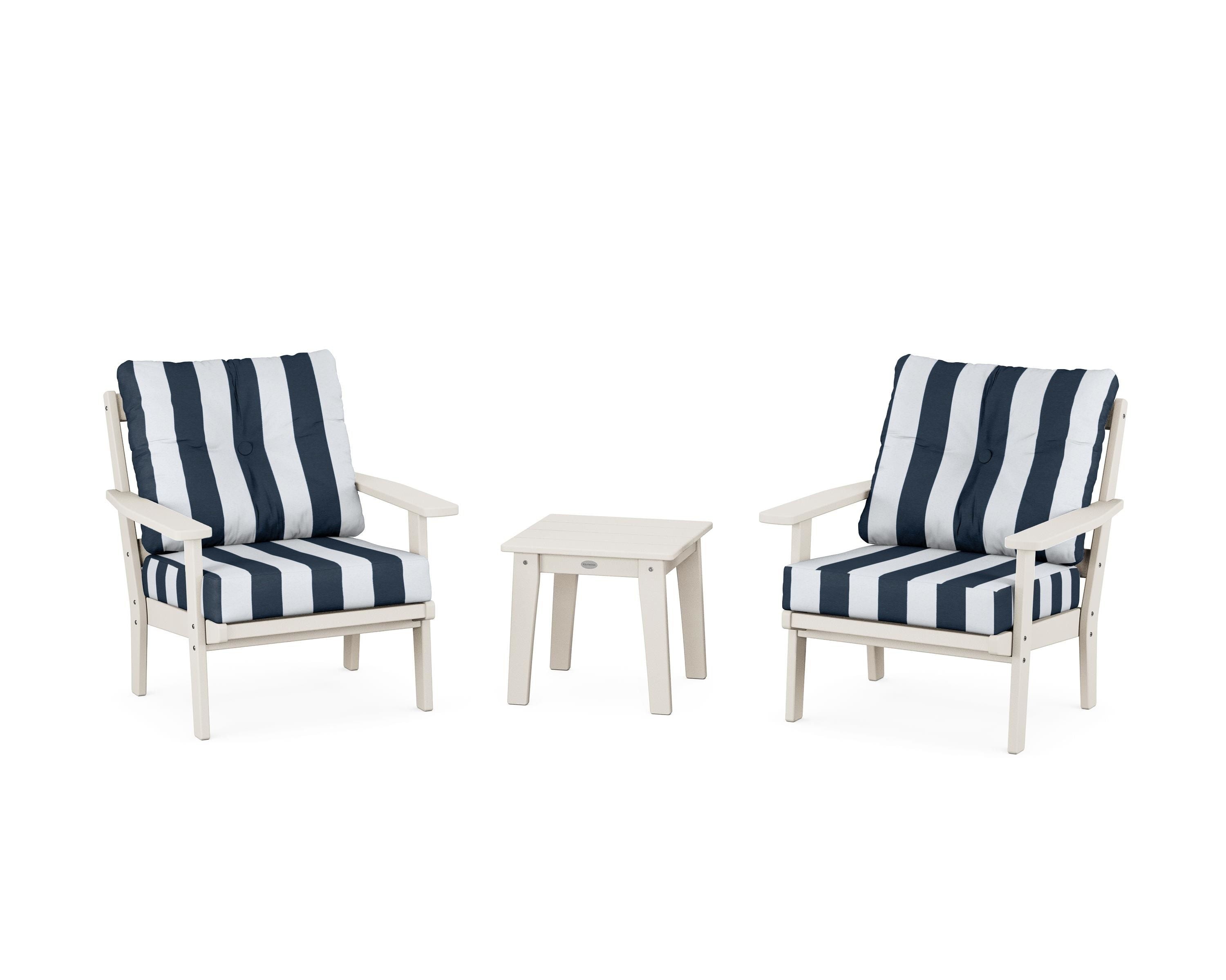 POLYWOOD® Prairie 3-Piece Deep Seating Set in Sand / Cabana Stripe Marine Indigo