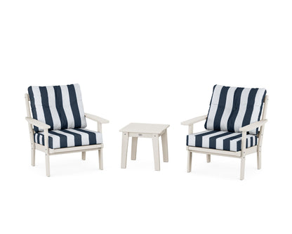 POLYWOOD® Prairie 3-Piece Deep Seating Set in Sand / Cabana Stripe Marine Indigo