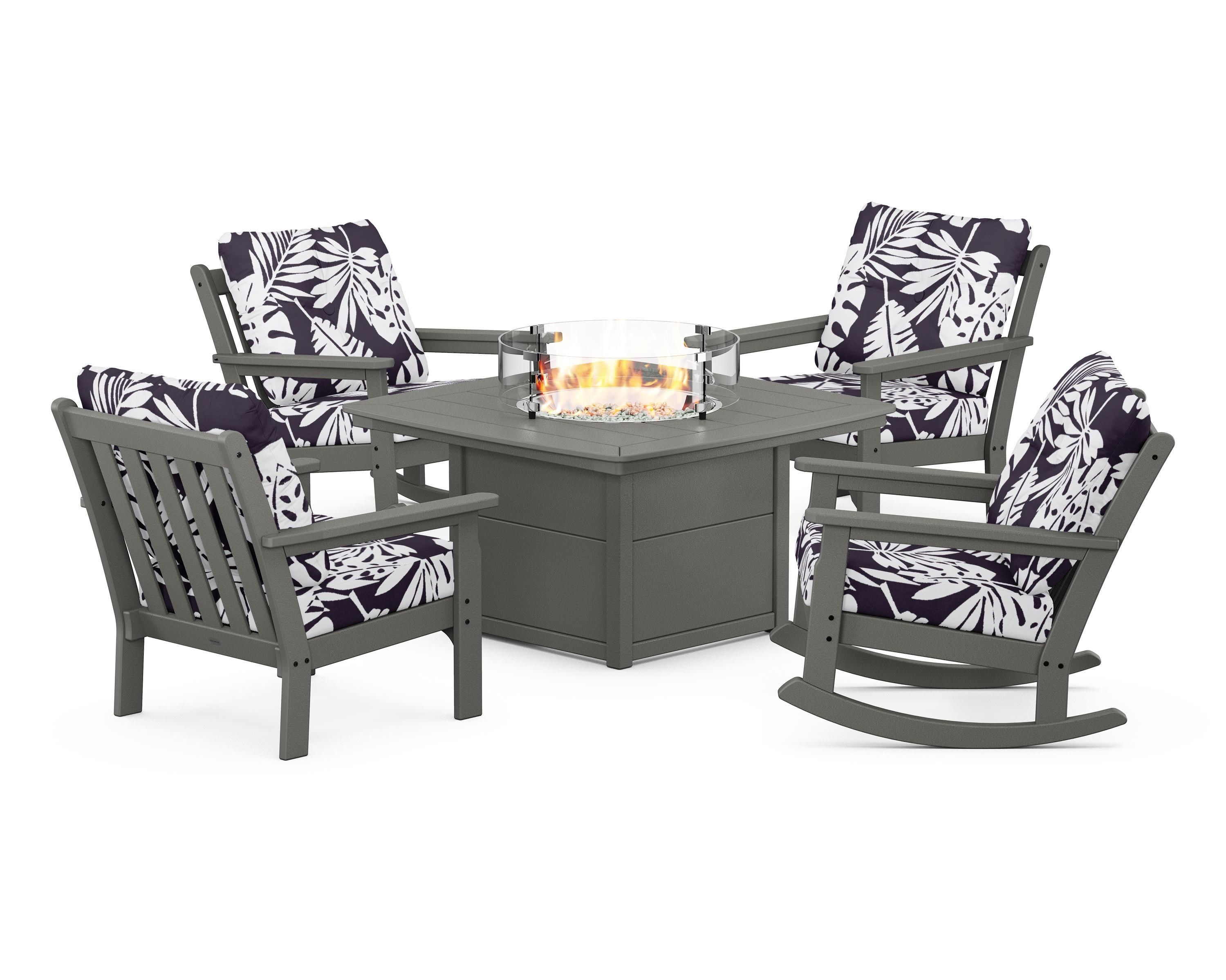 POLYWOOD® Vineyard 5-Piece Deep Seating Rocking Chair Conversation Set with Fire Pit Table in Slate Grey / Leaf Navy