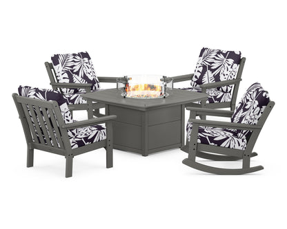 POLYWOOD® Vineyard 5-Piece Deep Seating Rocking Chair Conversation Set with Fire Pit Table in Slate Grey / Leaf Navy