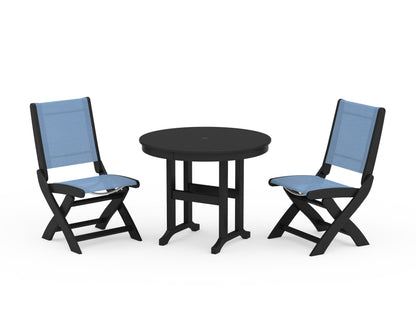 POLYWOOD® Coastal Folding Side Chair 3-Piece Round Dining Set in Black / Poolside Sling