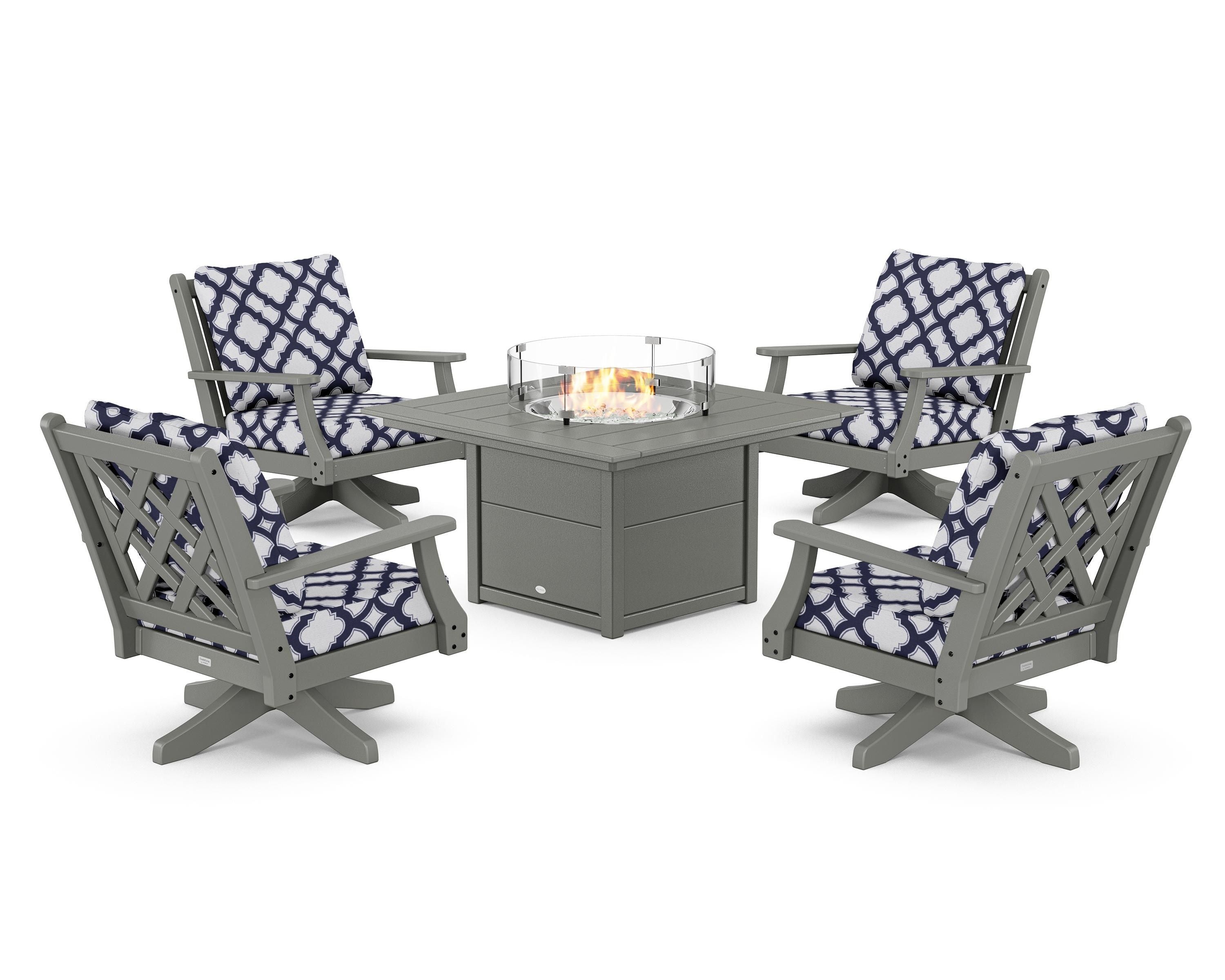 Country Living Wovendale 5-Piece Deep Seating Swivel Conversation Set with Fire Pit Table in Slate Grey / Trellis Navy