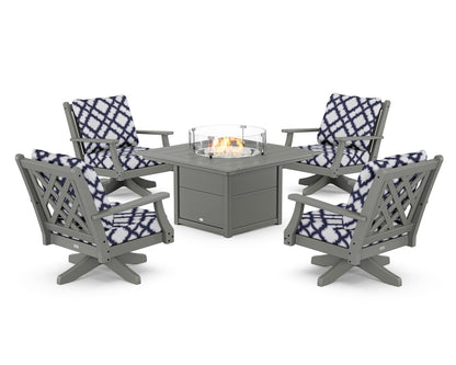 Country Living Wovendale 5-Piece Deep Seating Swivel Conversation Set with Fire Pit Table in Slate Grey / Trellis Navy