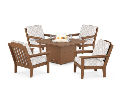 Country Living Cottage 5-Piece Deep Seating Set with Fire Pit Table in Teak / Trellis Dune Burlap