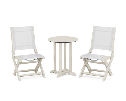 POLYWOOD® Coastal Folding Side Chair 3-Piece Round Bistro Dining Set in Sand / White Sling