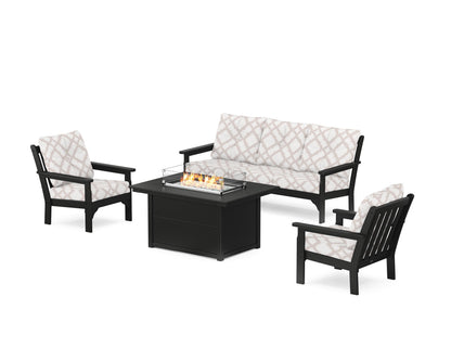 POLYWOOD® Vineyard Deep Seating Fire Pit Table Set in Black / Trellis Dune Burlap