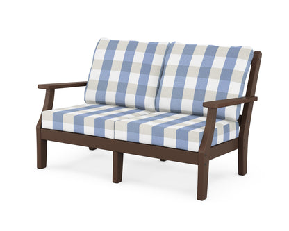 Martha Stewart by POLYWOOD® Chinoiserie Deep Seating Loveseat in Mahogany / Buffalo Plaid Sky Blue