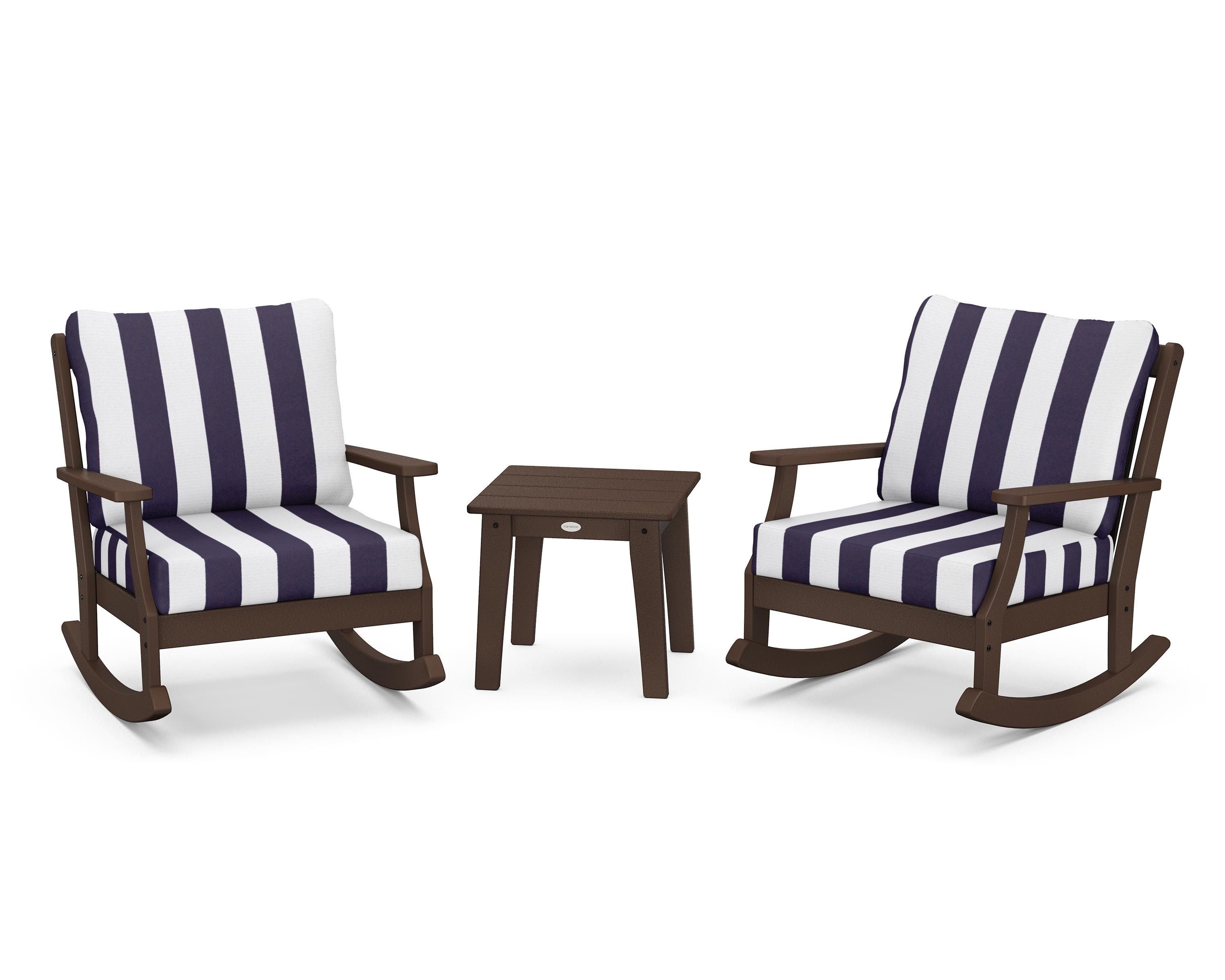 POLYWOOD® Braxton 3-Piece Deep Seating Rocker Set in Mahogany / Cabana Stripe Navy
