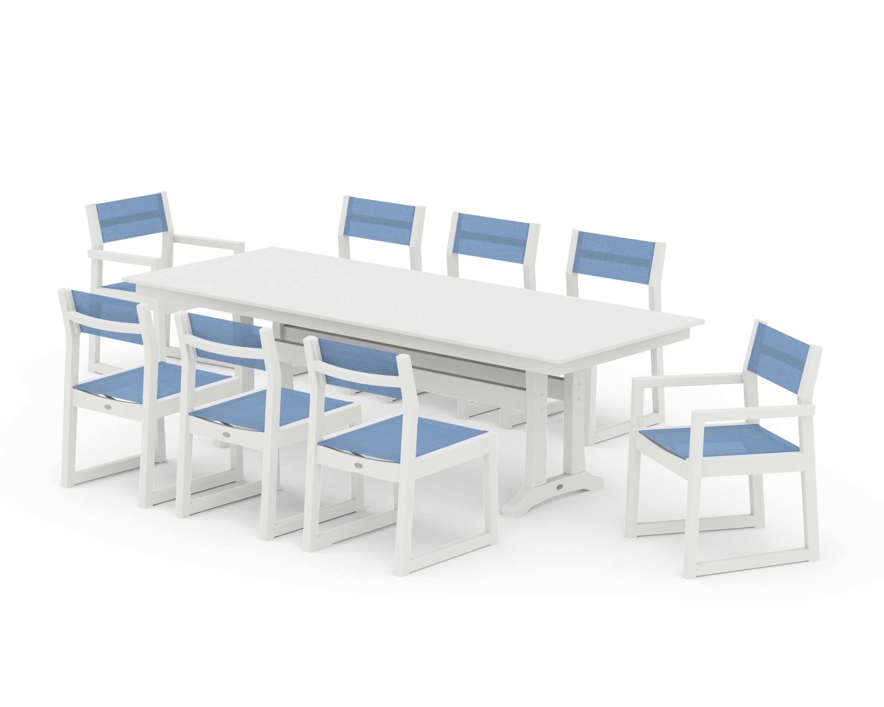 POLYWOOD® EDGE Sling 9-Piece Farmhouse Trestle Dining Set in White / Poolside Sling