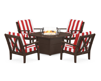 POLYWOOD® Braxton 5-Piece Deep Seating Conversation Set with Fire Pit Table in Mahogany / Cabana Stripe Crimson