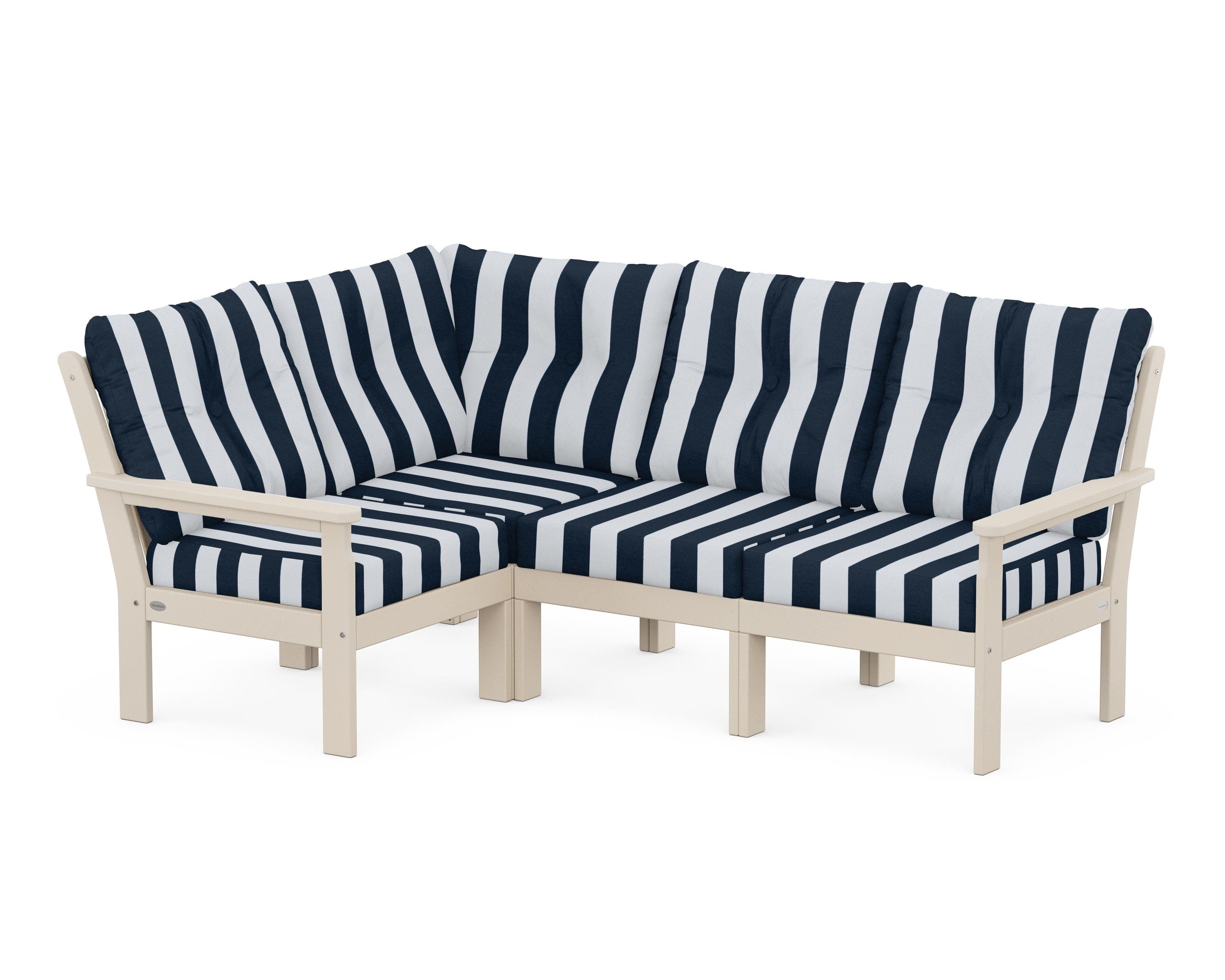 POLYWOOD® Vineyard 4-Piece Sectional in Sand / Cabana Stripe Marine Indigo