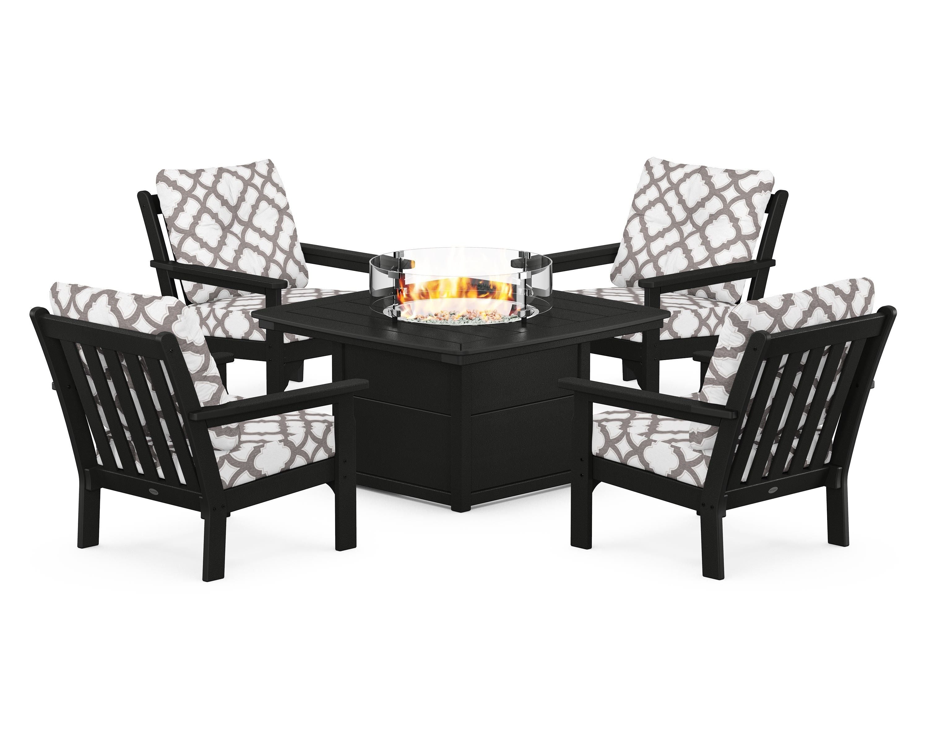 POLYWOOD® Vineyard 5-Piece Conversation Set with Fire Pit Table in Black / Trellis Grey Mist